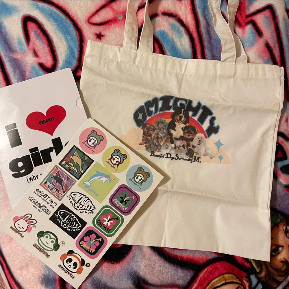Omighty tote and stickers